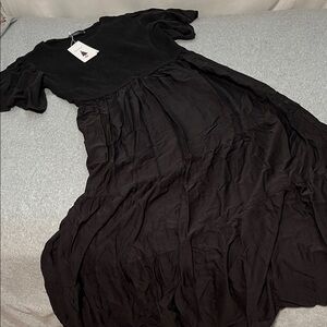 Black Smocked Tiered Maxi Dress Womens XL Boho Whimsigoth Flutter Sleeves Modest